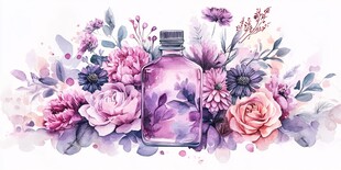 紫色花卉环绕的香水瓶