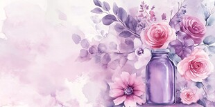 紫色花卉与玻璃瓶插画