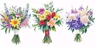 三束缤纷手绘花卉花束