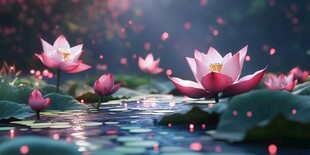 梦幻绽放的水中粉色莲花