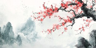 水墨红梅映山川