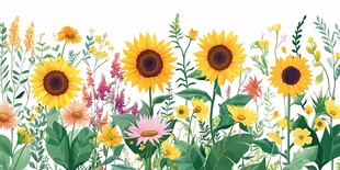 向日葵与多彩花卉插画