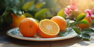 阳光中的鲜橙与绿叶花朵