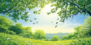 春日绿野飞鸟阳光美景