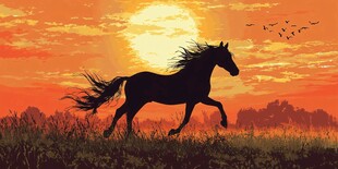 夕阳下骏马奔腾的壮美画面