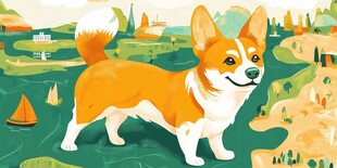 可爱柯基站在美丽风景中