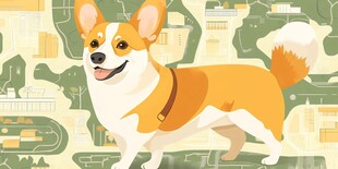 可爱柯基站在城市背景中