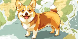 可爱柯基站在地图前