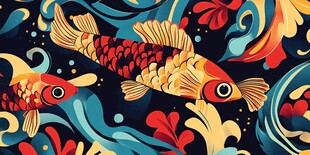 锦鲤戏水插画艺术图案