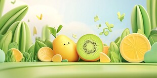 可爱水果置身清新绿植间