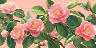 娇艳粉色山茶花绽放枝头