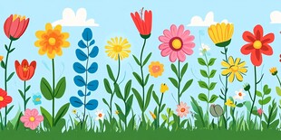 春日烂漫花丛插画