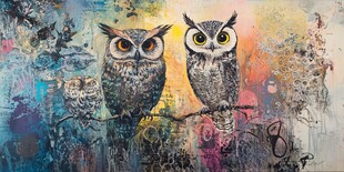 双猫头鹰的梦幻艺术画作