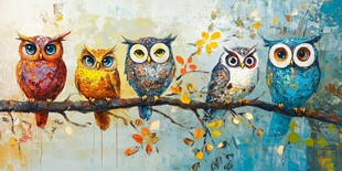 五只色彩斑斓猫头鹰栖于枝