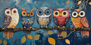 五只彩纹猫头鹰栖于枝上