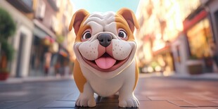 可爱斗牛犬漫步热闹街道