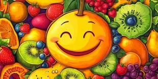 笑脸橙子置身缤纷水果中