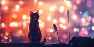 猫咪在梦幻舞台前的身影