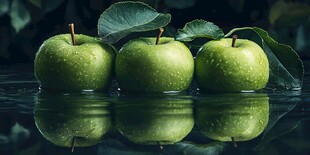 三颗青苹果带叶倒影画面