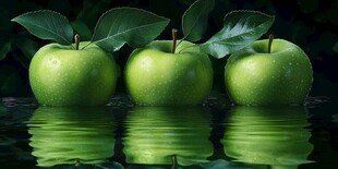 三颗青苹果的水中倒影