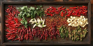 多样香料摆放在古朴托盘上