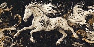 梦幻白马于华丽背景中奔腾