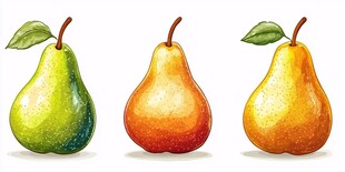 三个色彩各异的手绘梨子