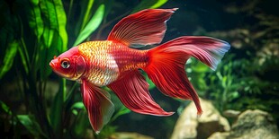 红尾金鱼悠游于翠绿水草间