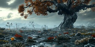 奇幻荒野中的孤树景观