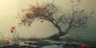 雾中孤树绽红花