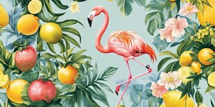 火烈鸟置身缤纷水果花卉间