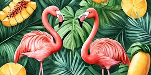 双火烈鸟与热带风情画面