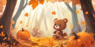 秋日森林中的小熊与南瓜