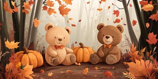 秋日森林中的小熊与南瓜