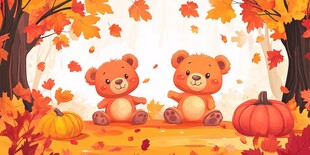 秋日小熊与南瓜的温馨场景