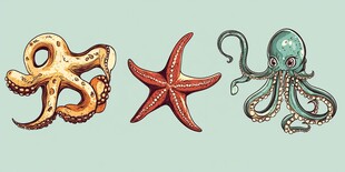 海洋生物插画 章鱼与海星