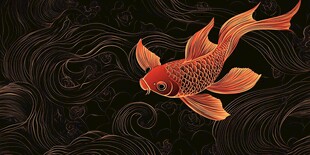金红色锦鲤游弋于墨色波浪间