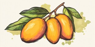 手绘枝头三枚鲜芒果