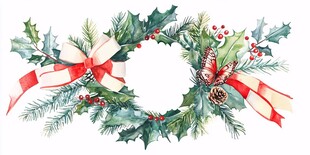 圣诞冬青花环水彩插画
