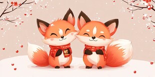 雪地中的可爱双狐