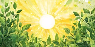 阳光洒落绿叶间水彩画