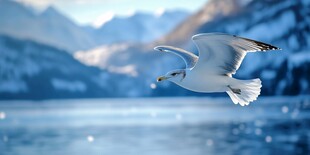 海鸥翱翔于山水之间