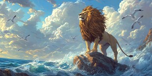 王者雄狮傲立浪尖海岸