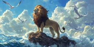 雄狮傲立礁石云海之间