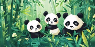 竹林中的三只可爱大熊猫