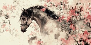 水墨骏马伴繁花