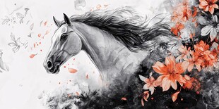 水墨奔马伴繁花飞舞