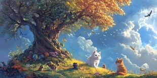 梦幻树下的萌宠与自然