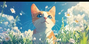 阳光下的萌猫与烂漫小花