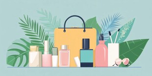 时尚美妆用品与绿植组合